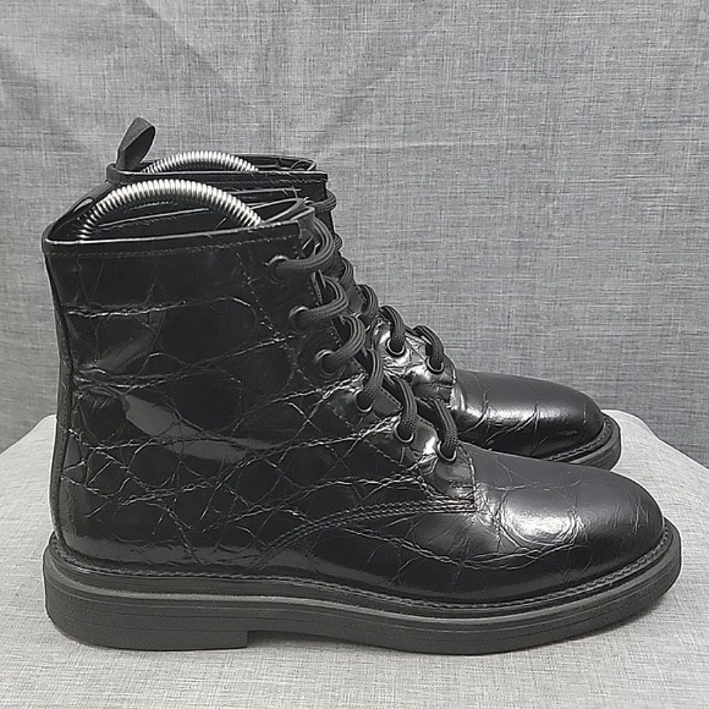 AGL Moreen Women's Croc Embossed Black Patent Leather Boot - Lace-Up, SZ 39.5